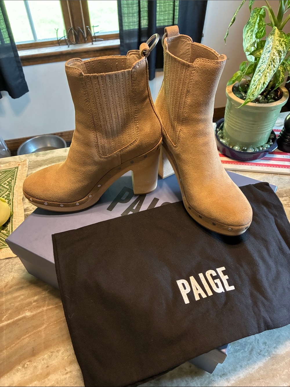 PAIGE Tan Suede Adina Studded Heel Booties